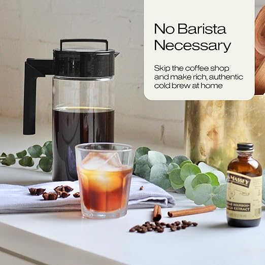 Takeya Deluxe Cold Brew Coffee Maker - BPA-Free Tritan Pitcher with Airtight Leakproof Lid, Silicone Grip Handle, Fine-Mesh Filter - Shatter-Proof, Dishwasher Safe, Made in USA - 2 Quart/Black