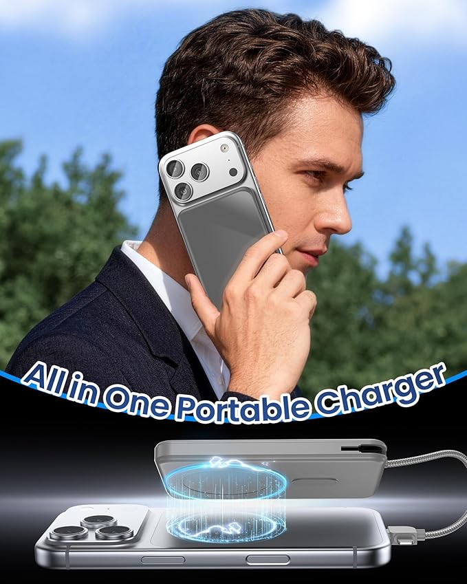 golioklsy Portable Charger Power Bank, 10000mAh Phone Charger with Built-in Cable, 20W PD Fast Charging, Slim Battery Pack with LED Display, Travel Essential for iPhone 17/16/15/14 All Series, Grey