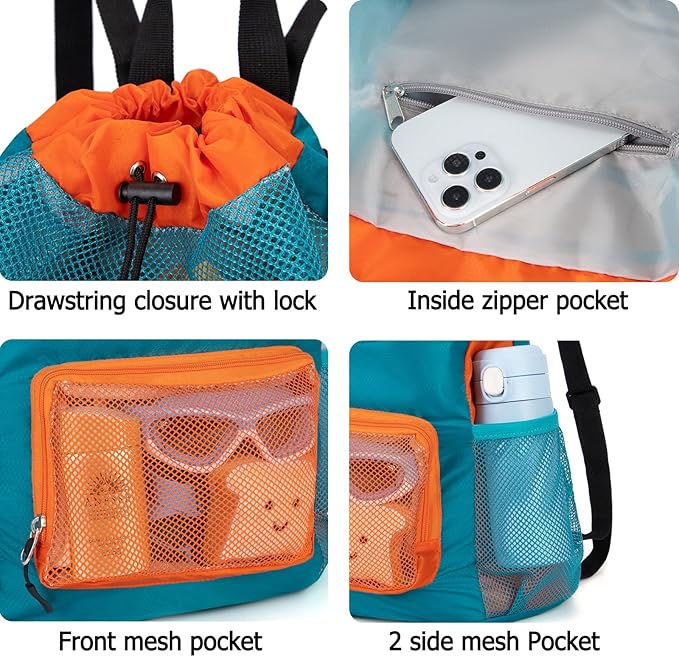 Swim Bag for Kids Mesh Beach Backpack for Boys Lightweight Drawstring Beach Bag Swimming Pool Sports Gym String Bag (Green)