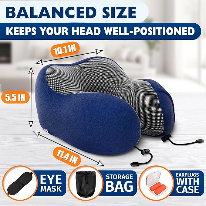 Neck Pillow for Plane Travel – 4-in-1 Kit | Adjustable Blue 100% Memory Foam Neck Support Pillow, 3D Eye Mask, Earplugs, & Cozy, Washable Cotton Cover with Secure Buttons – Sleep Comfort for Travel