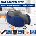 Neck Pillow for Plane Travel – 4-in-1 Kit | Adjustable Blue 100% Memory Foam Neck Support Pillow, 3D Eye Mask, Earplugs, & Cozy, Washable Cotton Cover with Secure Buttons – Sleep Comfort for Travel