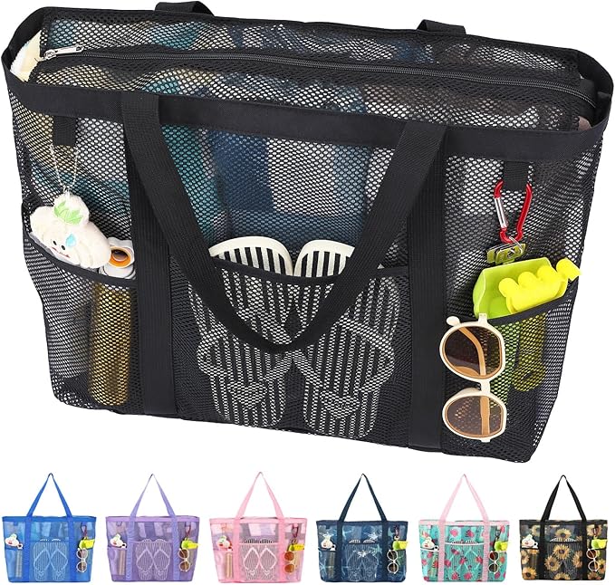 Fammart Mesh Beach Bag with Zipper, Large Beach Tote for Women, Toys Pool Swim Bag Travel Vacation Cruise Essentials