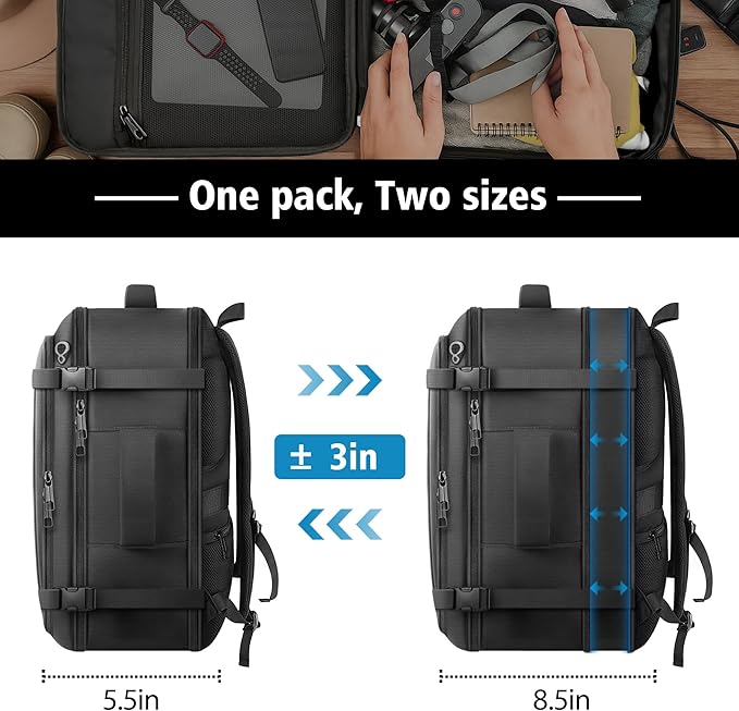Ample Space Travel Backpack with LifetimeWarranty,Expandable Carry on Backpack with Cable Access Port,Fits 17.3"Laptop Notebook,Water Resistant Weekender Backpack Business Trips,Daily Travel,Black