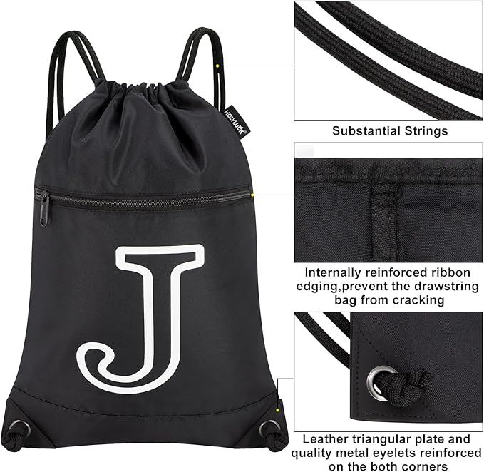 HOLYLUCK Drawstring Bags Initial Backpack Sackpack Cinch Bags for Sports, Gym, Travel, Beach (Black-J)