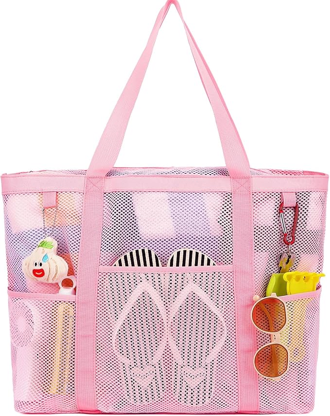 Fammart Mesh Beach Bag with Zipper, Large Beach Tote for Women, Toys Pool Swim Bag Travel Vacation Cruise Essentials