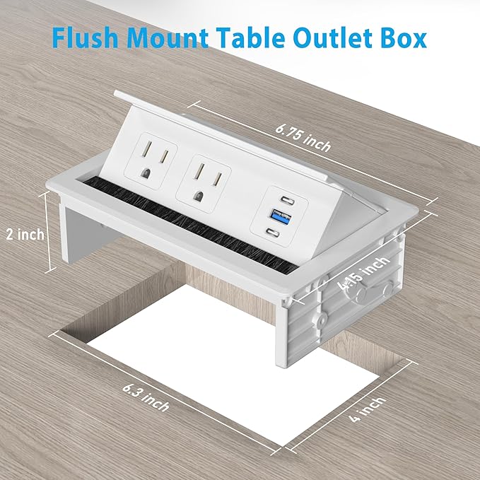 Table Power Outlet Hub PD20W USB-C Fast Charging Station, Recessed Outlet with 2AC Outlets and USB Ports for Conference Room Kitchen Countertop, White
