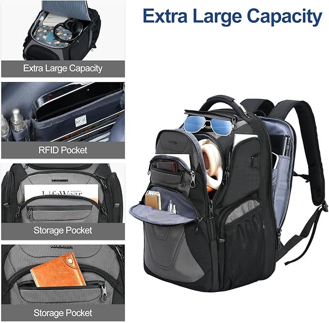 KROSER TSA Friendly Travel Laptop Backpack 18.4 inch XXXL Gaming Backpack Water-Repellent College Daypack Business Backpack with RFID Pockets & USB Port for Men/Women-Black/Grey