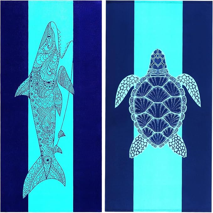 Genovega 2 Packs Oversized Beach Towel Set 36 x 72 in Large Big Pool Camping Swim Clearance Soft Towels Travel Essentials Accessories Must Haves Vacation Necessities Adult Gifts Shark Turtle