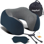 napfun Neck Pillow for Travel with Travel Pouch, Sleep Mask & Earplugs, Memory Foam Airplane Pillow for Headrest Sleep with Eyeshades, Plane Essentials with Eye Blindfold, Deep Blue Striped Kit