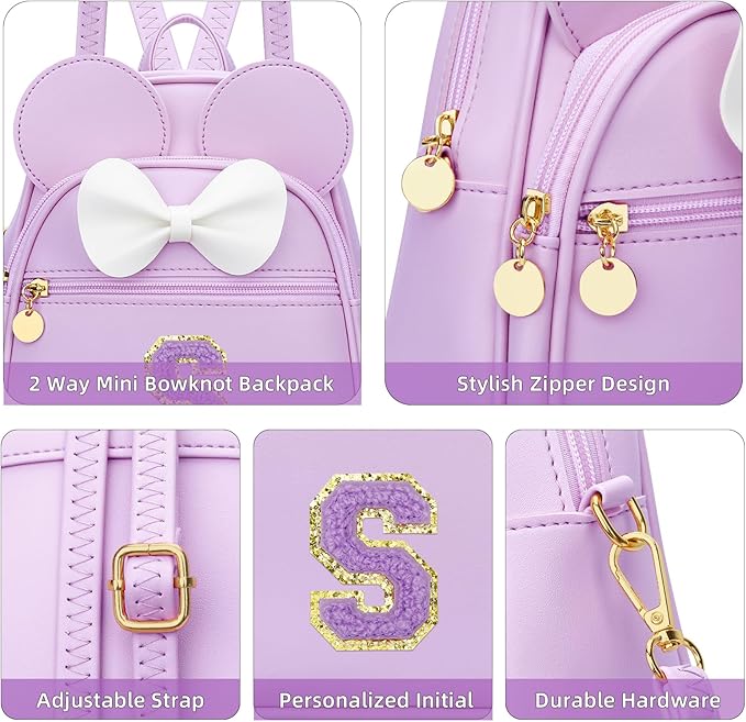 KKXIU Girls Initial Bowknot Cute Mini Backpack for Toddler, Travel Small Girl Backpacks, Personalized Birthday Gifts for Little Girls and Kids(S, Purple)