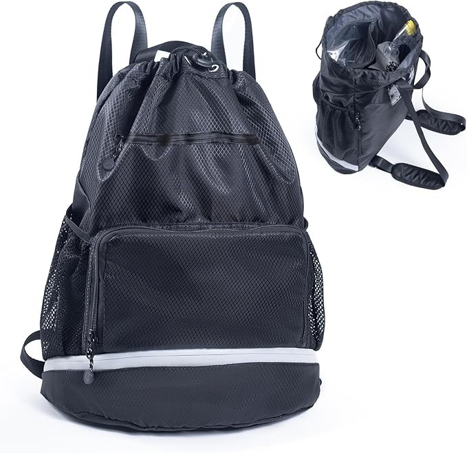 Swim Beach Sports Drawstring Backpack - Gym Bag with Shoes Compartment and Waterproof Pocket for Gym Accessories, Swim Essentials - Kids Mens Beach Workout Bag