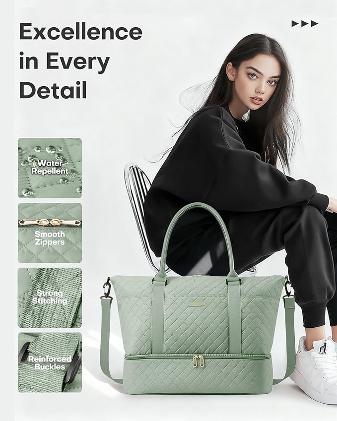 HOTOR Travel Duffel Bag - Weekender Bags for Women, Gym Tote Bags with Shoe Compartment, Carry On Overnight Bag with Toiletry Bag for Travel Essentials and Travel Accessories, Green, 15.8"×18.1"×8.7"