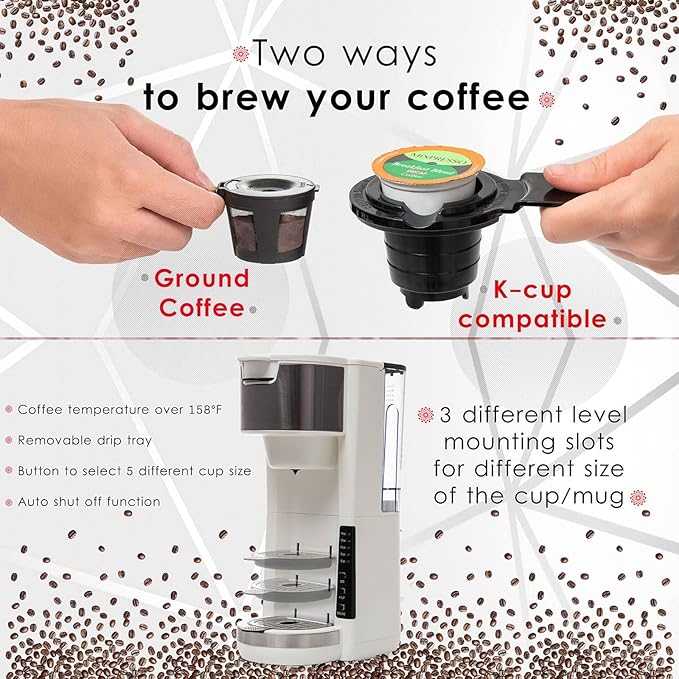 Single Serve Coffee Maker, 2 in 1 Brewer for K Pod & Ground Coffee, 180s Rapid Brew 6 to 14oz Capacities with Auto Shut Off, Small Compact Design for Home Office Travel Camping-White