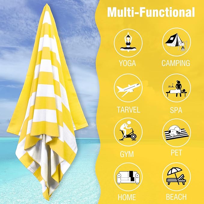 HENBAY Large Oversized Beach Towel - 35 x 70 Inch Microfiber Pool Towel, Yellow Striped Quick Dry Cabana Swim Towel