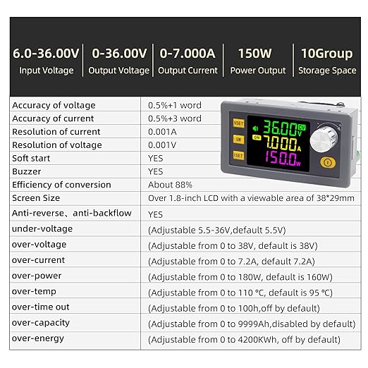SK150 DC Buck Boost Power Converter 6-36V to 0-36V, 150W Voltage DC Adjustable Power Supply Module with Display