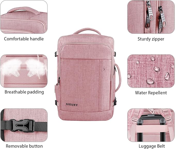 Gieury Carry On Backpack for Women, 50L Travel Backpack Flight Approved, Expandable Backpack For Airplanes, 17 Inch Laptop Backpack, Luggage Suitcase Daypack Lightweight Business Weekender Bag, Pink