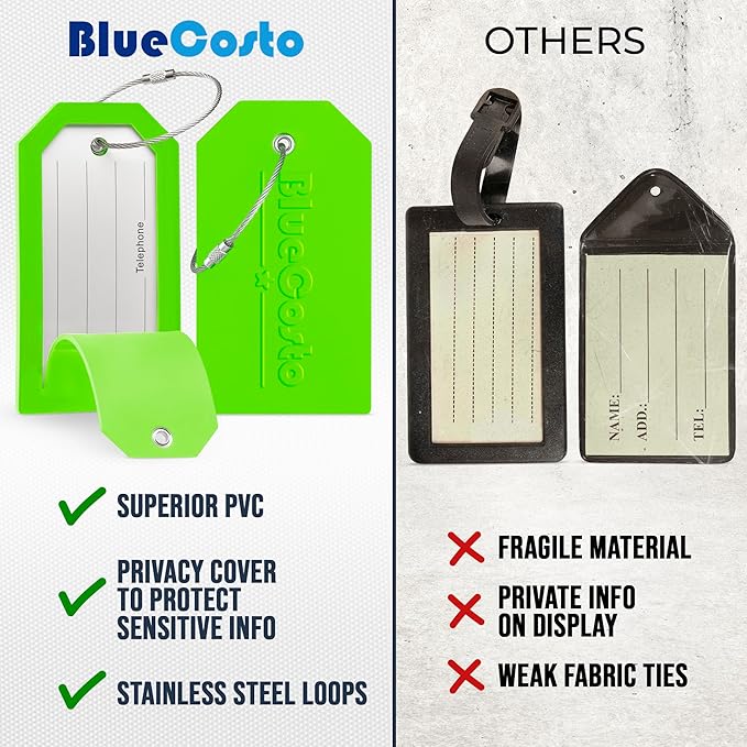 BlueCosto - Luggage tags - large, green, 5 pieces - PVC luggage tags with privacy screen and stainless steel wire loops - personalized luggage identification for travel - name labels for backpacks