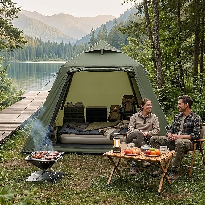 VINGLI Inflatable Camping Tent, All-Weather Inflatable Hot Tents with Stove Jack, Blow Up Tent for Camping with Mesh Doors & Windows, Inflatable Air Tents for Camping Adult