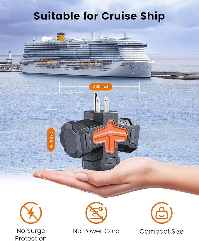 SURAIELEC Outdoor 3 Way Plug Adapter, Multi Plug Outlet Waterproof, 1 to 3 Power Splitter, Electrical 15A Multiple Plug Extender with Cover for Outside Garden Garage Cruise, Gray, ETL Listed, 3 Pack