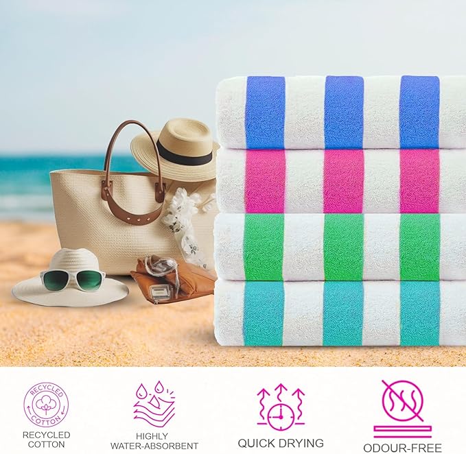 CASA COPENHAGEN Cabana Towel 4Pcs Multicolour Designer Stripe Beach Towels Gift Set, 30"x60" Oversized 100% Cotton Pool Bath Towel for Beach Gift Set (Perfect Summer Gift Set for Women & Men)