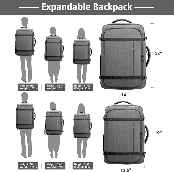 Spacious Carry On Backpack,Expandable Large 1-7DAYS Capacity Travel Backpack with Cable Access Port,Fits 18.4" Laptop,Anti Theft Water Resistant Work Backpack for Men Women,Extended Travel Work,Grey