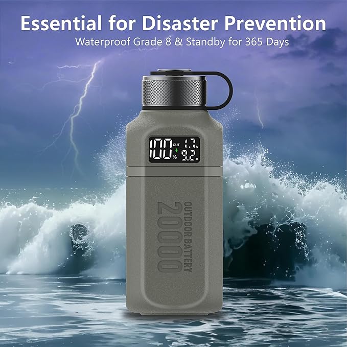 20,000mAh Rugged Power Bank with Fast Charge USB-C PD, IP68 Waterproof Shockproof, Includes 420lm Bright Camping Lantern, Tactical Outdoor Charger for Hiking Camping Survival Emergency（Grey）
