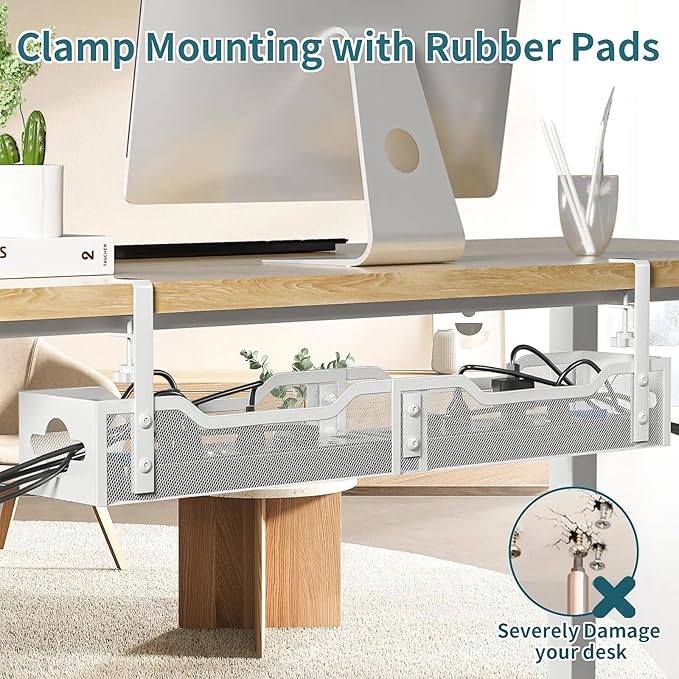 Under Desk Cable Management Tray 32'', Cable Management Under Desk No Drill, Cable Organizer with Clamp for Wire Management, Cord Organizer for Office, Home - No Damage to Table (White)