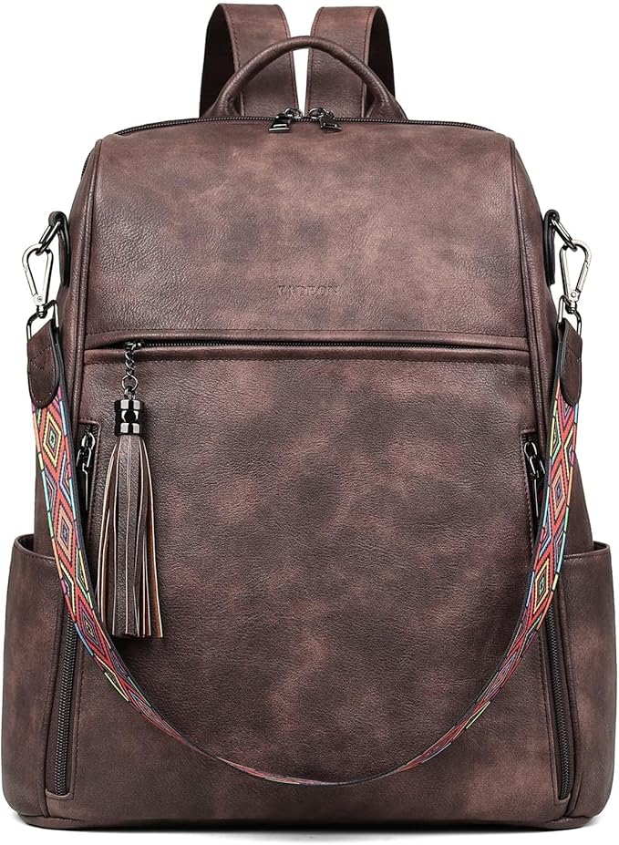 FADEON Leather Laptop Backpack for Women Designer 15.6 inch PU Laptop Bag, Ladies Travel Computer Work Backpack Coffee Brown