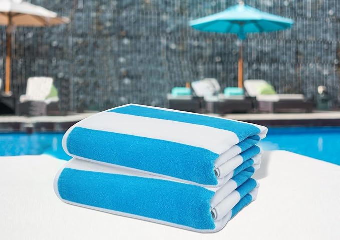 COTTON CRAFT Oversized Beach Towel - 2 Pack 35 x 70 inches XL Beach Towel - 100% Cotton Velour - Big & Huge - Thick Plush 450 GSM Super Soft Luxury Towel - Pool Picnic Bath - Cabana Stripe Aqua
