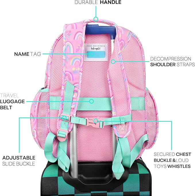 mibasies Girls Backpack: Large Kids Backpack Girls for Elementary School with Laptop Compartment - Rainbow Pink