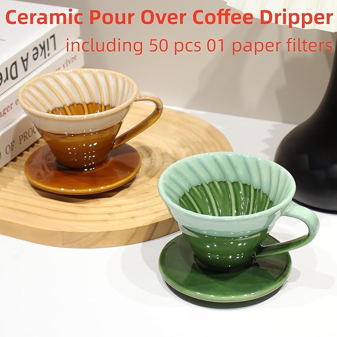 Handmade Ceramic Pour Over Coffee Dripper with 50 Pcs Coffee Filters - Portable Drip Coffee Brewer for Travel, Camping, Office or Home - Artisanal Pottery Gift for Enthusiasts