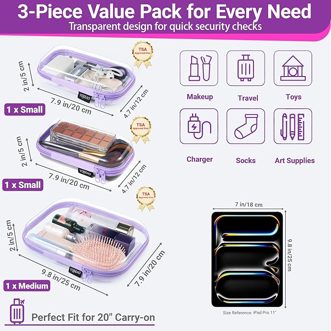 YQBRAO 3-Pack Clear Hard Shell Zipper Case - Purple Edition, 1.2mm Heavy-Duty Crush-Proof Travel Makeup Bag, TSA Approved Clear Zipper Pouches, Rigid Diaper Bag Organizer for Tech & Daily Essentials