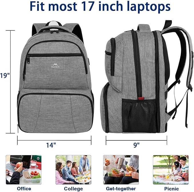 MATEIN Lunch Backpack, 17 inch Insulated Cooler Backpack with for Women Men, Water Resistant College Lunch Box Backpack with Laptop Compartment for Work Picnic Travel Beach, Gifts