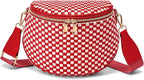 Trendy Woven Checkered Crossbody Bum Bag for Women，PU Leather Checkered Purse Fanny Packs Belt Bag (Woven Bum Bag - Red White)