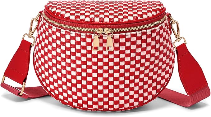 Trendy Woven Checkered Crossbody Bum Bag for Women，PU Leather Checkered Purse Fanny Packs Belt Bag (Woven Bum Bag - Red White)