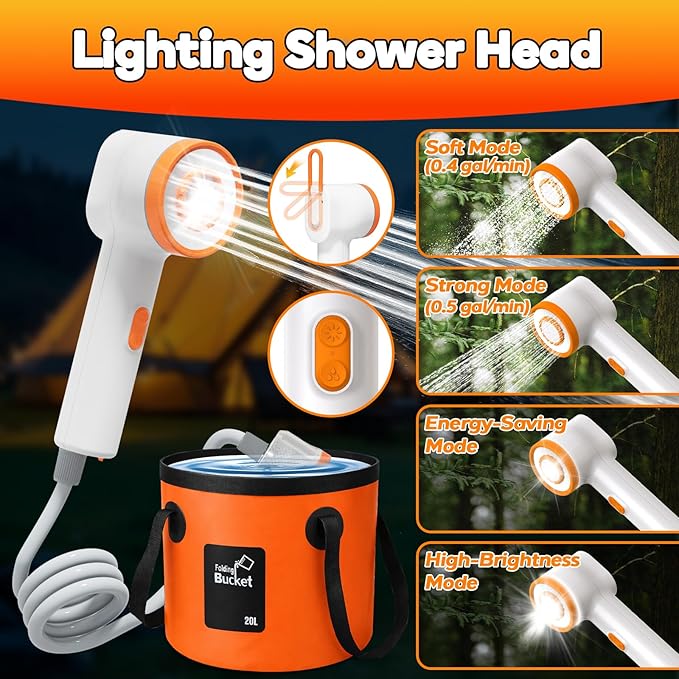 Portable Shower for Camping, Rechargeable Shower Head with LED Light, Filtered Camp Shower Pump, Large Capacity Foldable Bucket, Outdoor Camping Shower for Hiking, RV, Water Plant, Car Wash, Pet Bath