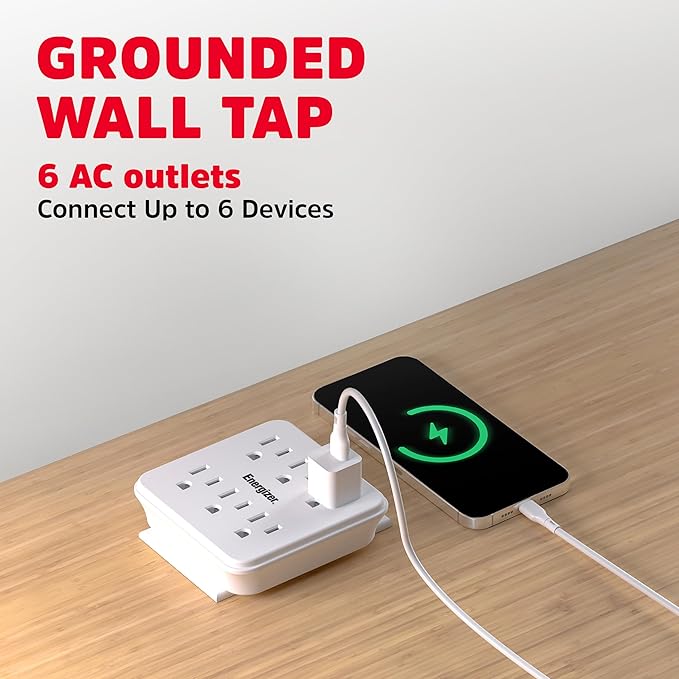 Energizer 4 Packs of 6 Device Multi Plug Wall Outlet Extender (6) AC Power Outlets Grounded Power Strip Expander Outlet Splitter Plug in Adapter, White, ENG-4PKTAP01