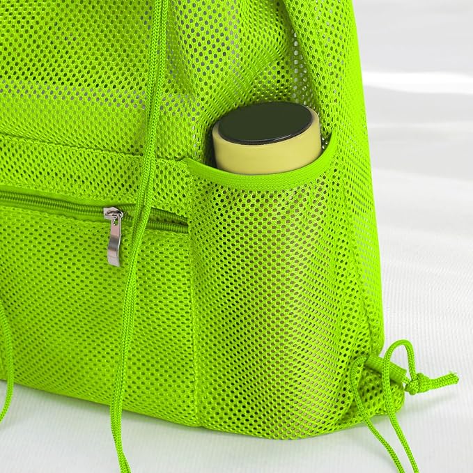 NATURAL STYLE Mesh Drawstring Backpack Bag, Gym Sports Bag with Zipper Pocket Bottle Holder, String Beach Bag for Swiming Travel (Green)