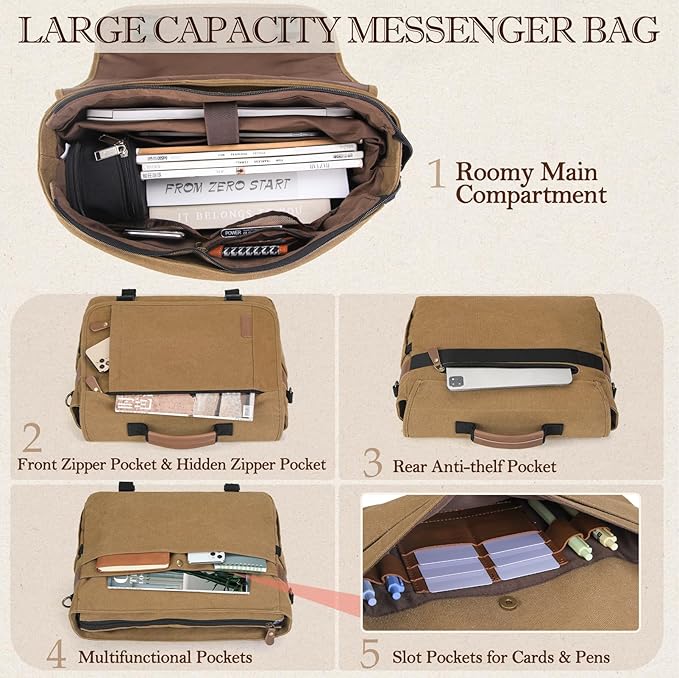 RAINSMORE Messenger Bag for Men 17-17.3 Inch Laptop Bag Water-resistant Canvas Computer Shoulder Bag Office Work Briefcase Large Casual Satchel Bags for Men Bookbag for College, Khaki