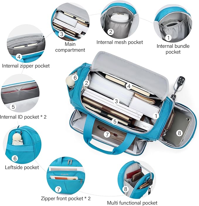Hanke Small Travel Duffel Bag, Under Seat Carry On Personal Item Bag with 11 Pockets, Lightweight Water Resistant Foldable Weekender Bag with Trolley Sleeve for Travel Gym Daily Use（Caribbean Blue）