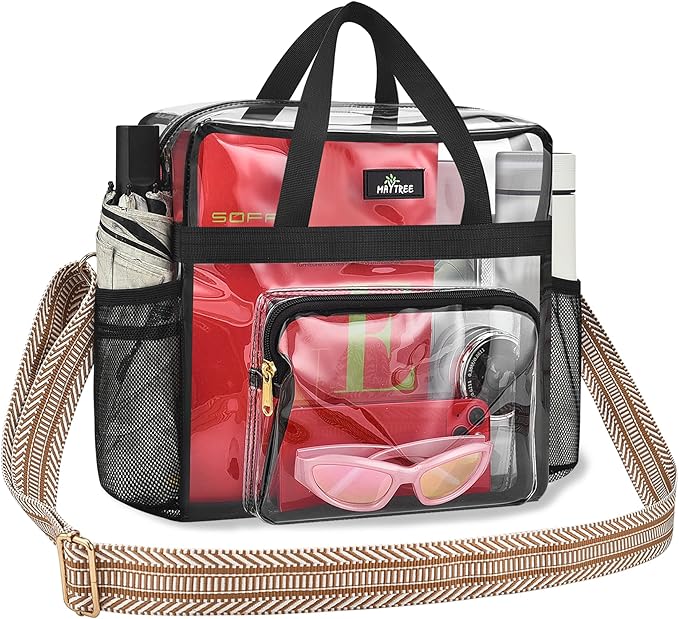 MAY TREE Clear Bag for Stadium Events, 12x6x16 Clear Tote Bag with Removable Strap, Transparent Bag for Concert Sports Gym, White Guita-Strap