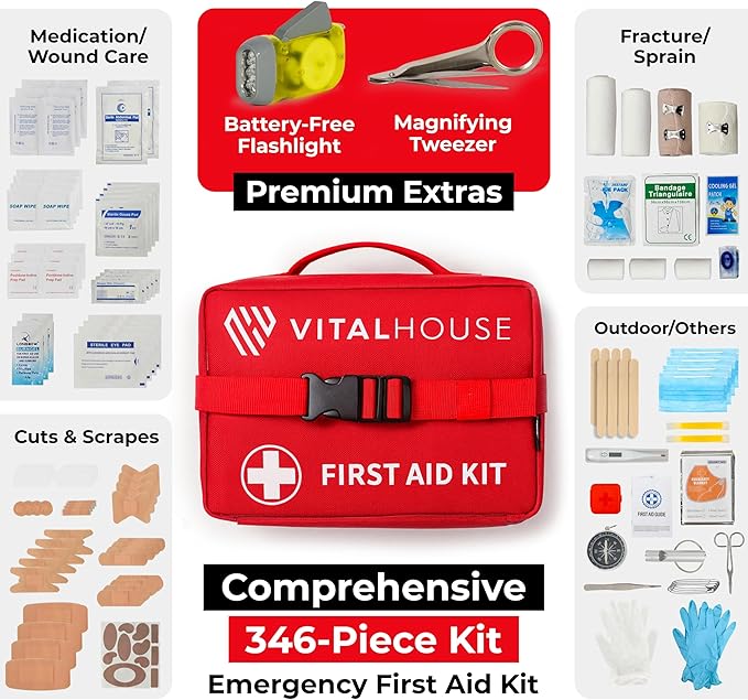 First Aid Kit 346 Piece with Tourniquet | Vital House Physician-Designed Emergency & Trauma Supplies for Home, Car, Travel, Camping & Hiking