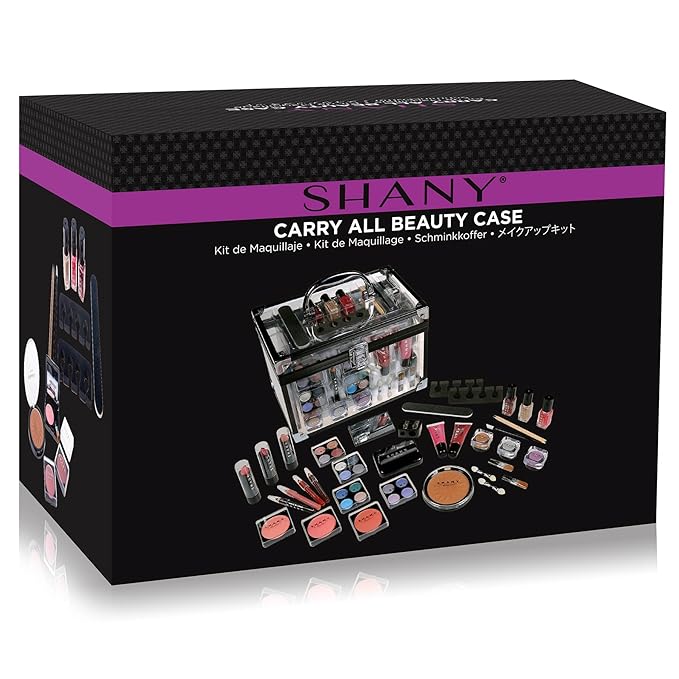 SHANY Carry All Trunk Makeup Train Case with Re-usable Aluminum Beauty Storage Organizer Case. Make up Set with Eye palettes, Blushes,Face Powders, Manicure, Pedicure and Cosmetics Brushes. GIFT SET