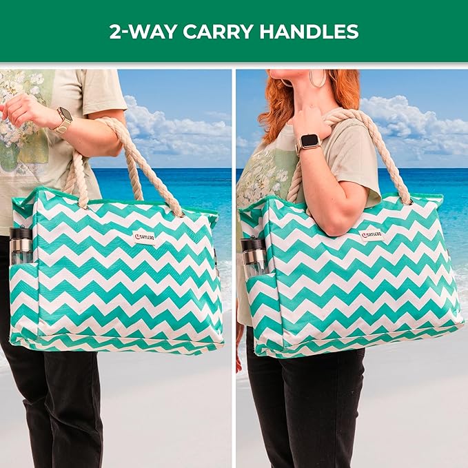 Beach Bag and Pool Bag Has Cooler Pocket, 7 Pockets Total, Zip Top. Family Size Waterproof Beach Tote