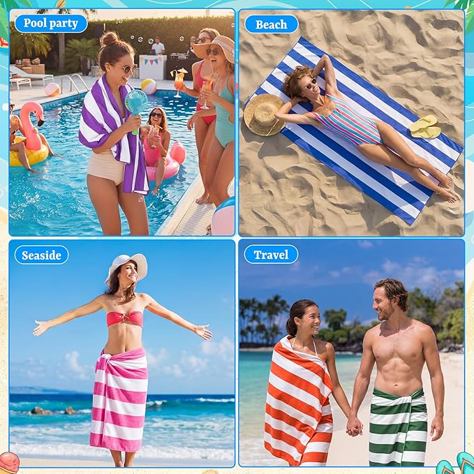 Hahafelt 12 Sets Striped Beach Towels Summer Gift Set 30" x 60" with Cards Organza Bags & Jute Rope, Quick Dry Large Pool Bath Towels Multi-Color for Summer Beach Gifts Swimming Pool Travel Hotel