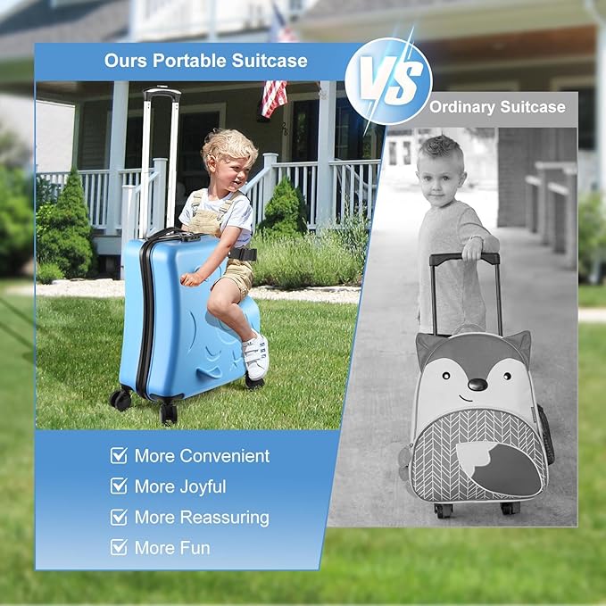 22 Inch Kid Ride Suitcase, Kid Luggage Seat Ride With Lock - Kids Travel Trolley With Safety Belt, Luggage For Kids Airplane Travel,Suitcase To Aged 1-6 Years Old,ABS+PC(Blue)