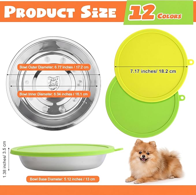 Patelai 24 Pcs Stainless Steel Dog Bowls with Silicone Lids Portable Food and Water Dishes for Pets Sealable Containers for 6.3" for Cats & Small Dogs (Red,Blue,Green,Purple,Yellow,Orange)