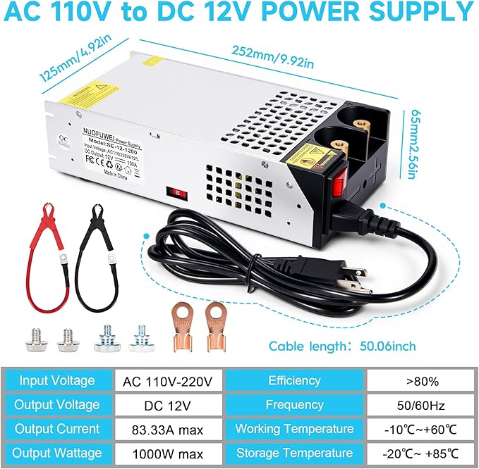DC 12V 1000W Power Supply 110V AC to DC 12v Converter 83.4A 1000W Switch Transformer for Motor Pump CCTV Security Camera Car Stereo 3D Printer