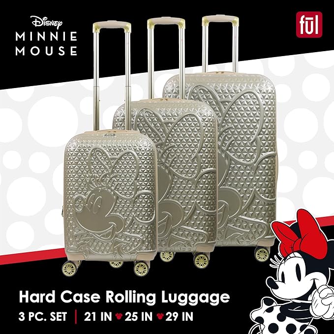 FUL Disney Minnie Mouse 3 Piece Rolling Luggage Set, Textured Hardshell Suitcase with Wheels Set, 22.5, 25 and 29 Inch, Taupe