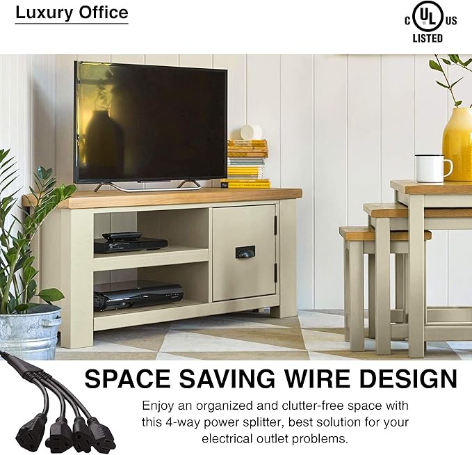 Luxury Office 4 Way Power Splitter - 1 to 4 Outlet Splitter, 6' Long, Black, SJT 16 AWG by Luxury Office